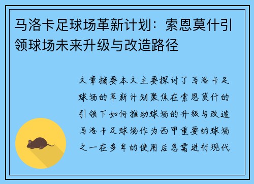 马洛卡足球场革新计划：索恩莫什引领球场未来升级与改造路径