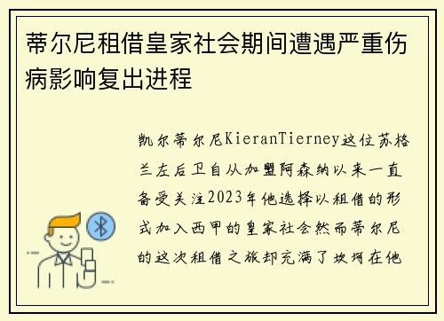 蒂尔尼租借皇家社会期间遭遇严重伤病影响复出进程